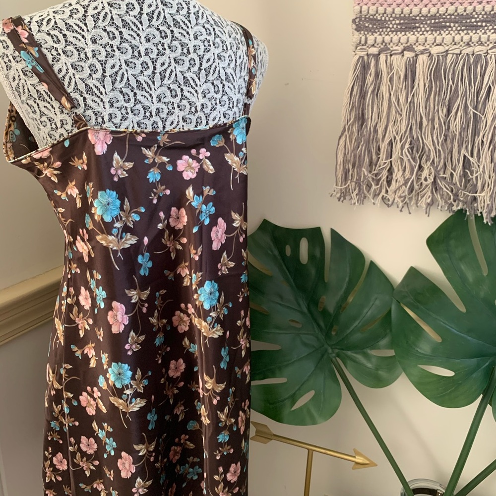 Vintage V-neck Brown Floral Slip Dress SZ L - Picture 9 of 12